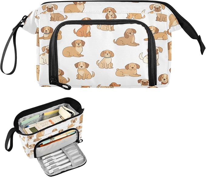Emelivor Pets Dogs White Print Pencil Case Large Capacity Pencil Pouch Bag with Compartmens Pen Organizer Portable Stationery Bag for School Office Girls Boys Adult College