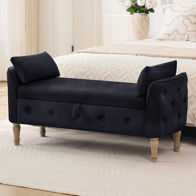 End of Bed Storage Bench Queen Size,51'' Upholstered Bedroom Bench,Black | Linen Storage Bench for Bedroom End of Bed ,2 Cushion, Vintage Wood Legs ,Tufted,Storage Ottoman Bench for Entryway Window