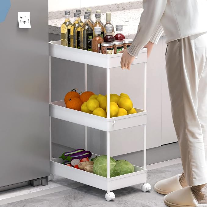 3 Tier Rolling Cart with Wheels, Storage Craft Art Trolley Organizer Serving, 3 Hanging Baskets Easy Assembly, for Office, Bathroom，Living Room, Kitchen, White