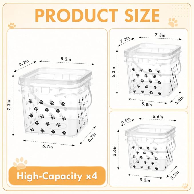 4 Pack Clear Dog Snack Container with Handle Plastic 5.5/3.3/2.2lb | Paw Themed Print, Square, Anti Drop, Stackable Storage Buckets with Lid, Pet Food Bins for Dog Kibble, Cat Snacks, Pantry