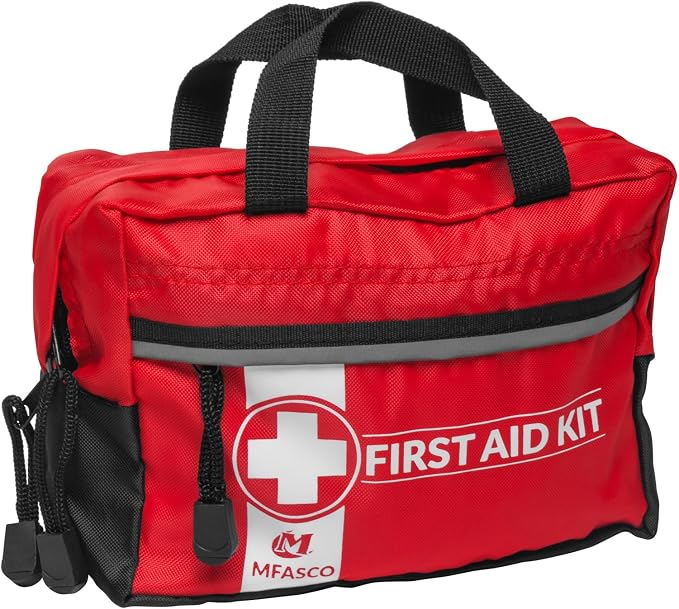 MFASCO Red Nylon First Aid Bag | Sturdy Canvas Handles | Zippered | Empty FIrst Aid Bag | Compact and Easy to Carry with Reflective Strip | Suitable for Cars, Boats, Travel, and Outdoor