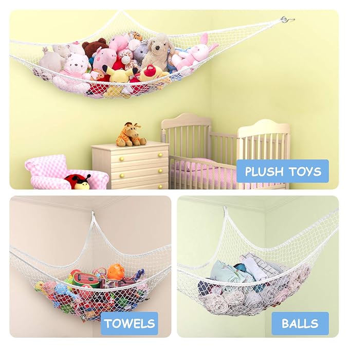 Stuffed Animal Hammock, Toy Hammock Storage Net, LXUNYI Mesh Toy Net Holder Jumbo Wall Corner Giant Baby Kids Children Stuff animals Hammocks Net Organizer for Bedroom (White, 84 inch)