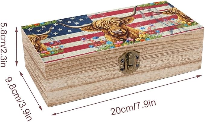 Wooden Keepsake Box for Letter Photo Gift Boxes with Hinged Lid, American | Flag Highland Cow Jewellery Organizer, Small Memory Storage Boxes, Holiday Party Favor Decor