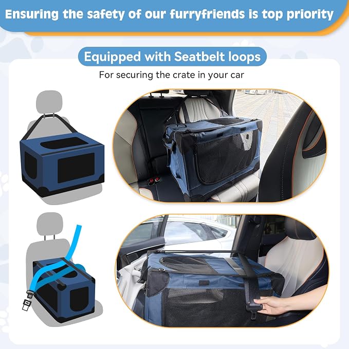 24 inch Small Dog Crate - for Small Dogs, Portable Travel Pet Crate with 4 Mesh Doors, Foldable Car Kennel for Puppy with Handle for Indoor and Outdoor, Bule