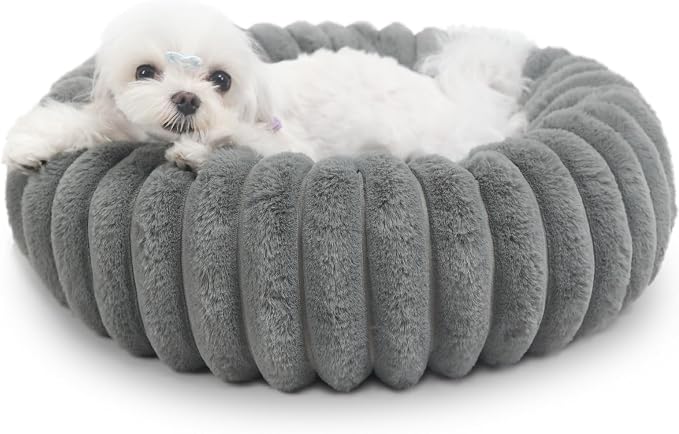 Donut Dog Bed for Small Dogs & Cats - Comfort Anti-Anxiety Calming, Washable & Anti-Slip, Cozy Soft Round Pet Beds for Puppy & Kitty, 19x19 Inch, Warm Grey