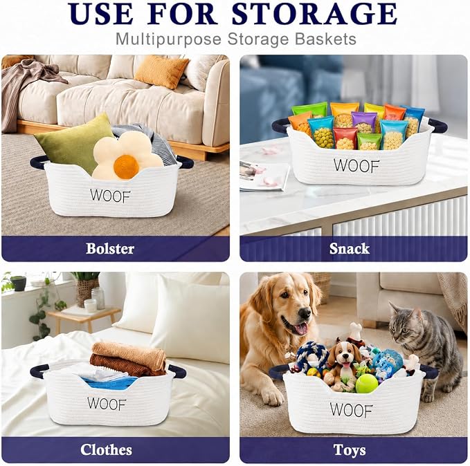2 pack Dog Toy Baskets ,Pet Rope Basket for Dog Cat Toys,Dog Toy Bin with Handles,Woof Puppy Toy Storage Basket,Puppy Bed,Dog Stuff Organizer for Toys,Collar,Leash,Nursing Supplies-Beige+Gray