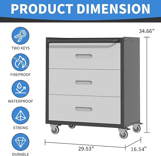 Metal Storage Cabinet for Garage, Tool Cabinet, Utility Cabinet | Wheeled, Rolling Tool Cabinet, 3 Drawer, Top Countertop, Assembly Required, Black & Grey