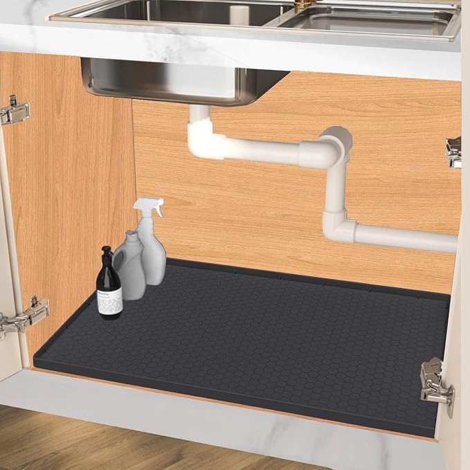 Under Sink Mat 22 x 19, Silicone Under Sink Protector Mat for Kitchen Waterproof, Easy to Clean Bathroom Cabinet Mat Organizers and Storage, Black