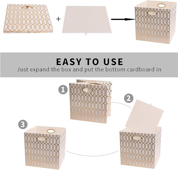 Posprica Storage Bins, Storage Cubes,13×13 Fabric Drawers Organizer Basket Boxes Containers (13×13×13/2pcs, Cream/gold geometry Pattern)