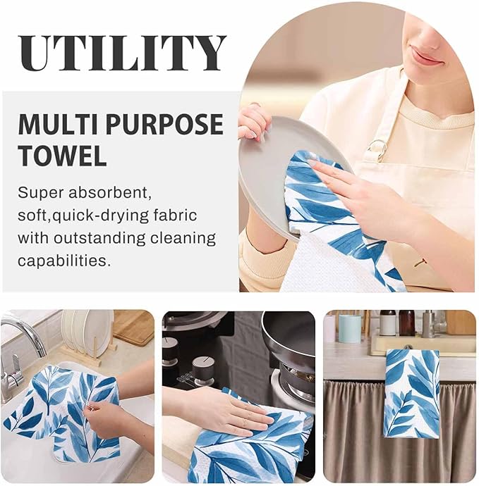Blue Tropical Leaves Kitchen Towels Set of 2 Watercolor Floral Colorful Abstract Organic Nature Botanical Dish Towels Absorbent Soft Hand Tea Bar Towels for Farmhouse Home Decor 16"X24"