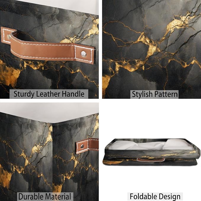 Black Gold Marble Cube Storage Bin, 13 Inch Collapsible Fabric Storage Cube Bin, Foldable Cube Baskets for Shelf, Closet, Organizer