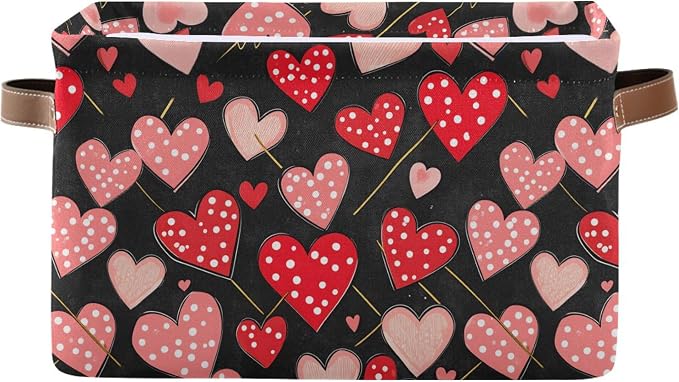 Wamika Happy Valentine's Day Black Storage Basket with Waterproof Liner and PU Handles Red Polka Dot Love Heart Pink Storage Bins Boxes 14.2" Collapsible Decorative Baskets for Bedroom Closet 1 Pack