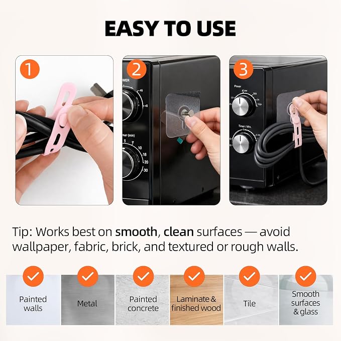 Hanging Cable Organizer System with Self Adhesive Hooks (Color-Coded Silicone) | 12 Adhesive Hooks + 12 Reusable Silicone Ties, 6 Colors (2 Each), Strong Hold & No-Drill Setup