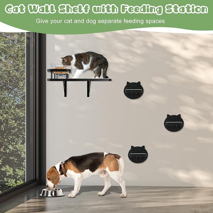 Cat Wall Shelves Furniture Set with 2 Food Bowls, Wooden Cat Climbing Wall Systems with Scratching Pad and 3 Steps, Floating Shelves Bed Perches Wall Mounted for Indoor Fit Up to 15Lbs (Black)
