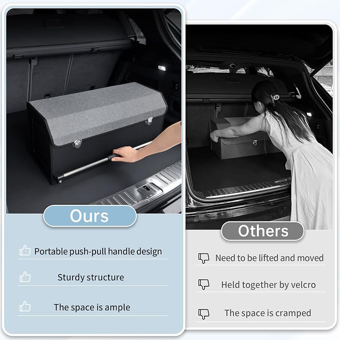 Car Trunk Organizer Leather Car Storage Organizer with Lid Car Organizer | Suv Trunk Organizer with Sturdy Handle Car Cargo Storage Box for Minivan, Sedan, Jeep (Grey, 27 x 11.4 x 12.2in)