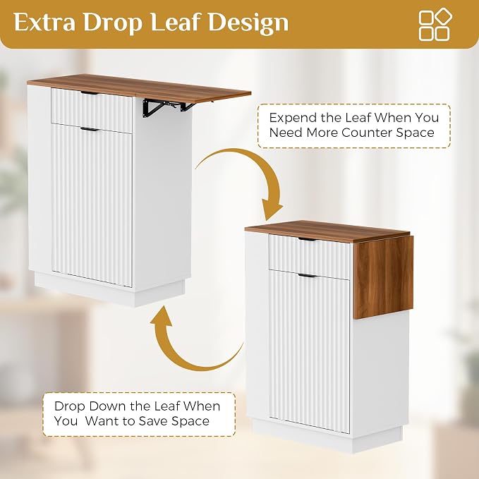 10 Gallon Tilt-Out Trash Can Cabinet with Drop Leaf, Drawer & Side Shelves.