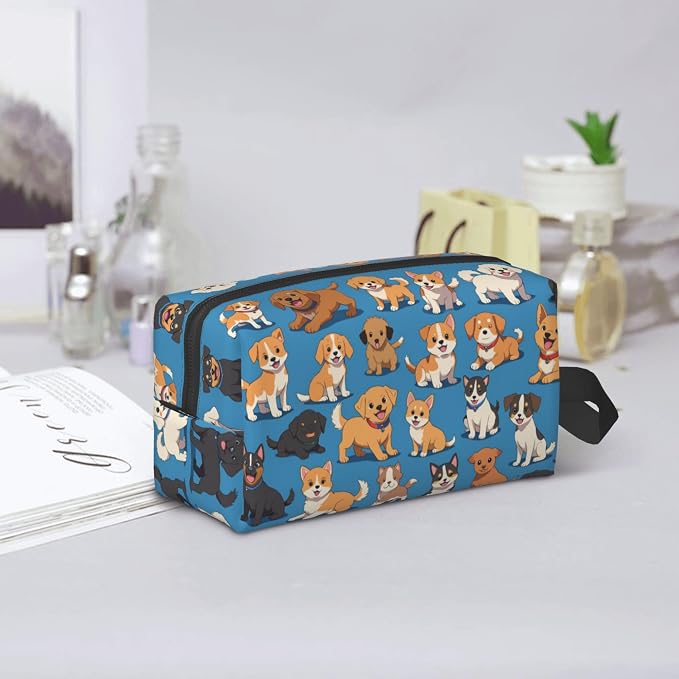 Cute Dogs Print Makeup Bag - Durable 600D Oxford Fabric Travel Cosmetic Bag, Shockproof Foam Padded Toiletry Organizer for Gym & Daily Use 10x6.2x4.9 Inch