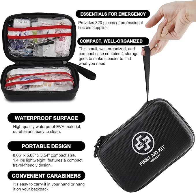 VRIEXSD Premium 320-Piece First Aid Kit, Waterproof EVA Hard Shell Case | Black Complete Emergency Medical Kit with Comprehensive Supplies for Home, Camping, Car, Hiking, Travel, Businesses & Outdoor