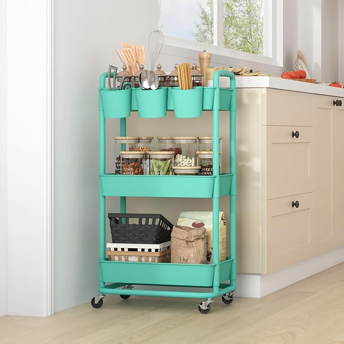 3-Tier Plastic Rolling Storage Cart Utility Cart Green | Utility Cart with Extra Hanging Cups Arc-Shaped Handles Lockable Wheels for Living Room Bathroom Kitchen Office