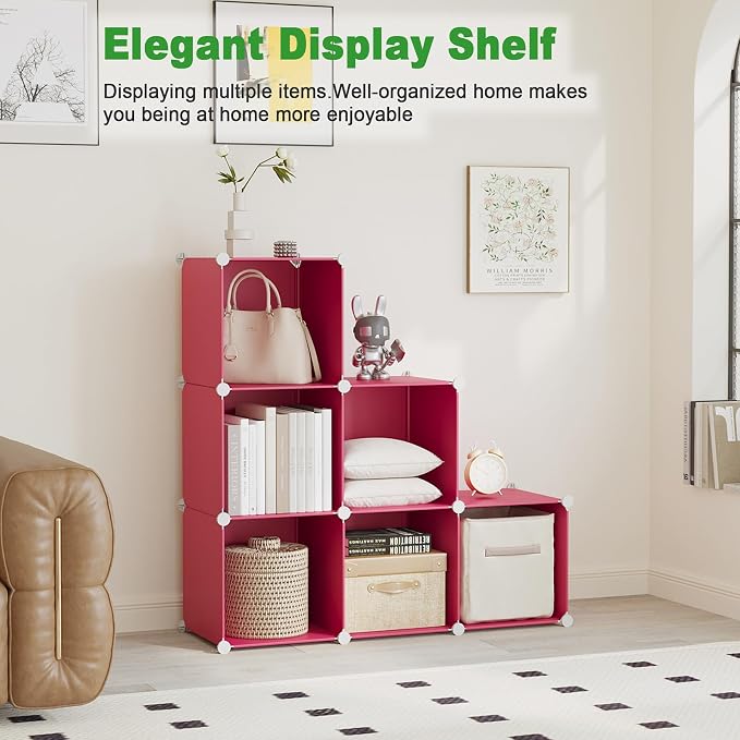 C&AHOME 6-Cube Storage Organizer Cube Shelf Closet Storage Bookcase, Red | Stackable Cubby Storage, Bookshelf, Portable Plastic Storage Closet Organizer, DIY Modular Shelving Units for Home, Wardrobe