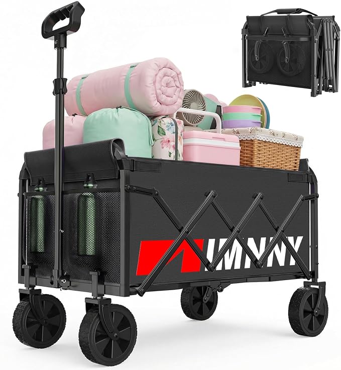 Black Small Collapsible Wagon Cart, Lightweight Portable Foldable Wagon with Wheels, 220lbs Utility Cart for Grocery, Light Camping, Sports, Easy to Fold & Store(Black)