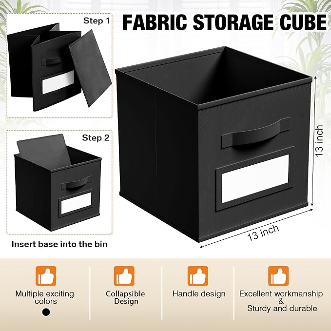 Teenyyou 10 Pack Fabric Storage Cubes 13 Inch Collapsible Cube Bins with Label Window & Handle Foldable Organizers Baskets for Shelf Closet Nursery Kids Room Clothes Book Toy(Black)