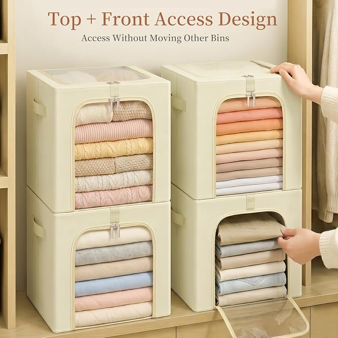 GoMaihe Blanket Storage Bins with Metal Frame for Closet, 55L 4-Pack Beige | Clothing Comforters Bedding Winter Coat, Closet Top Shelf, Collapse-Proof Stackable, Clear Window, Dual Access Space Saving