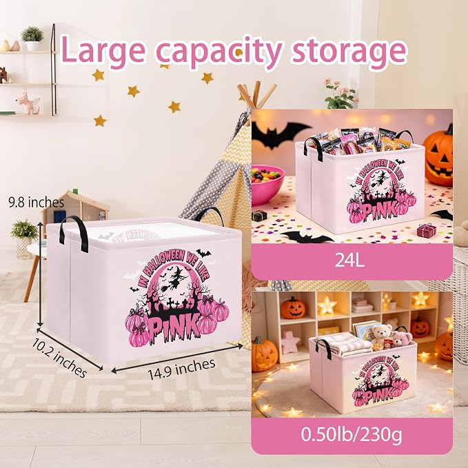 Pink Spooky Cute Witch Halloween Basket with Pumpkin Prints, Trick or Treat Storage basket for Gifts and Party Stuffers(Black Pink Halloween)