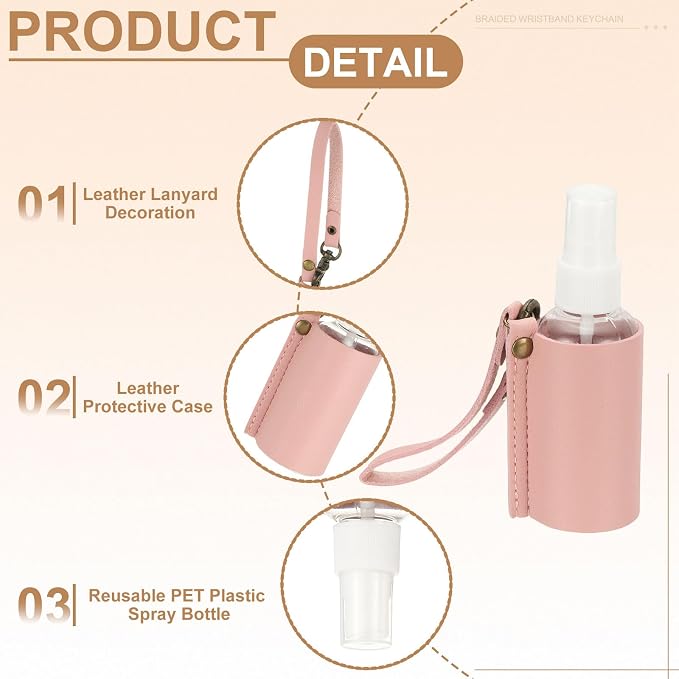 uxcell Travel Empty Spray Bottles with Leather Bag Holders, 30ml Refillable Leakproof Bottles Travel Size, Portable Hand Soap Containers for Cosmetic Perfume Air Freshener,Pink