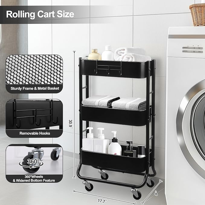 MAX Houser Slim 3-Tier Rolling Utility Cart with Extra Hook, Black | Narrow Metal Bathroom Storage Multifunctional Organizer Carts with Wheels with Extra Hook, Laundry Room,Kitchen,Small Space