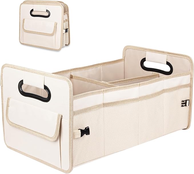 Car Trunk Organizer, Collapsible Car Organizers and Storage Large Beige | Sturdy, Strong Capacity, Clean Decor, Multi Compartment Container Box, Adjustable Car Accessories for SUV Sedan Truck