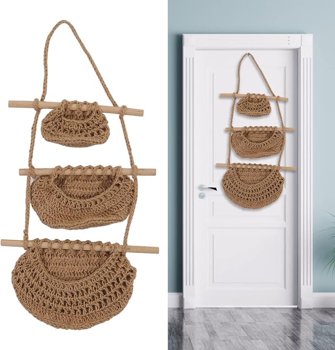Handcrafted 3-Tier Hanging Wall Basket Made of Hemp Rope and Wood, Rustic Wall-Mounted Fruit and Plush Doll Organizer