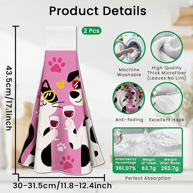 CUTHOLLOW Cartoons Cat and Dog Hanging Kitchen Towels with Loop, Set of 2 - Soft & Absorbent Microfiber Decorative Hand & Hanging Dish Towels for Kitchen, Tea Towel Hang on Oven Door, Stove Handle