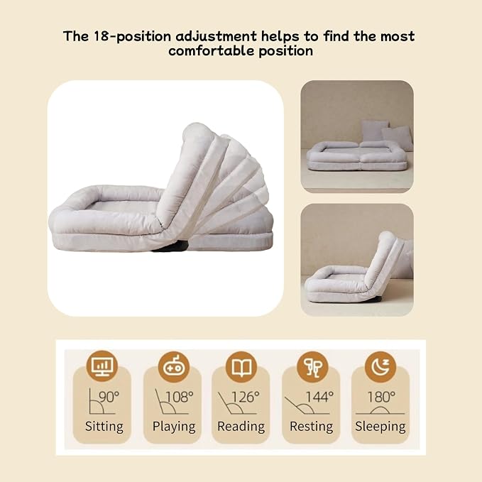 Convertible Fold-Out Lazy Sofa Bed - Adjustable Human Dog Bed for Adults, Plush Upholstered Adjustable Sofa Couch with 18-Position Backrest, 2-Person Floor Sofa Bed, Space Saving Design (Double)