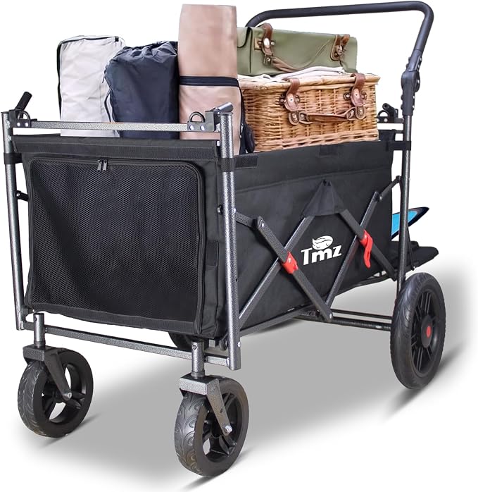 TMZ Collapsible Wagon Cart, Folding Utility Wagon with Breathable Fabric, Canopy, Expandable Storage, Adjustable Handle, Brake, Heavy Duty Cart for Walking & Camping (Black)