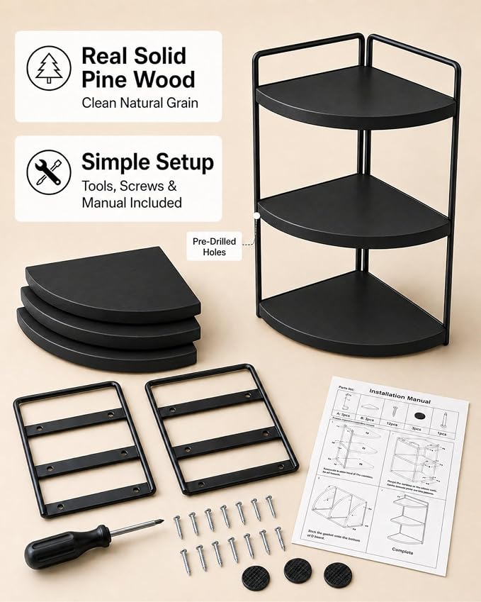 3-Tier Corner Bathroom Counter Organizer, Solid Pine Vanity Shelf, Black | Solid pine 3-tier corner shelf with 6.3 in clearance for tall bottles in bathroom, vanity, kitchen, or coffee bar.