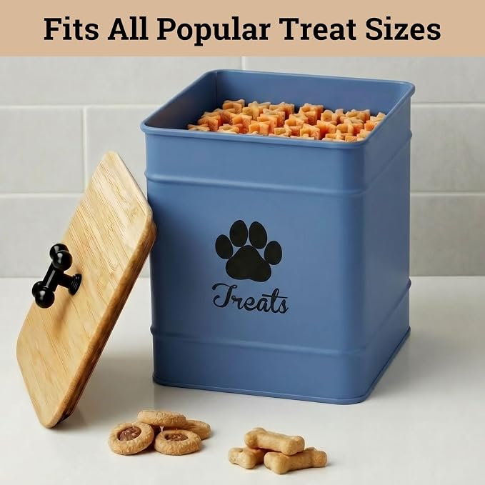 Dog Treat Container Airtight, 6"W x 8"H, Powder Coated, 12 Cup Capacity | Fits All Popular Treats, 12 Cup Capacity, Airtight Bamboo Lid, Easy Open Lid, Dent-Resistant Durable Metal Bone-Shaped Handle