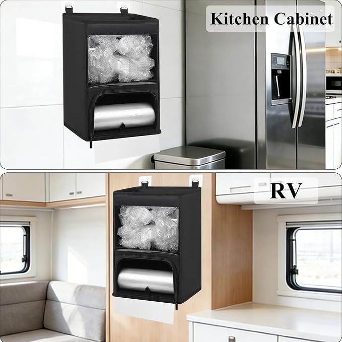 2-in-1 Plastic Bag Holder with Clear Window, Large Grocery Bag Holder and garbage bag dispenser with Easy-Access Openings, Trash bag organizer for Kitchen RV Cabinet Wall Mounted (Black）