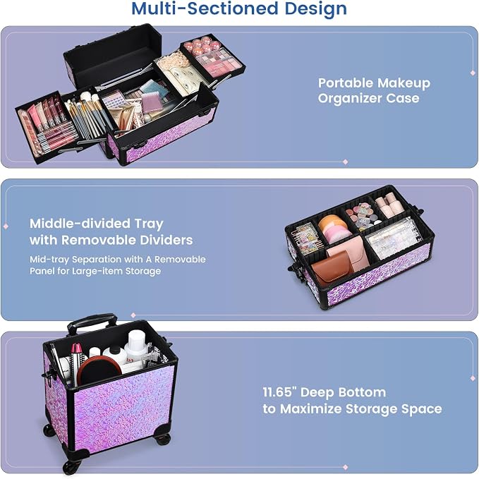 3 in 1 Rolling Makeup Train Case Professional Cosmetic Trolley Large Storage with Keys Swivel Wheels Salon Barber Case Traveling Cart Trunk for Make Up Hairstylists Nail Tech, Shiny Purple