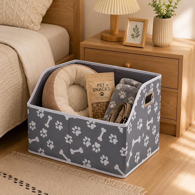 Large Dog Storage Bin, Foldable Trapezoid Box with Handles | Canvas Fabric,Large Capacity, for Pet Supplies,Pet Organizer Basket, Sturdy Metal Handles ,Easy Carry-BonePaw