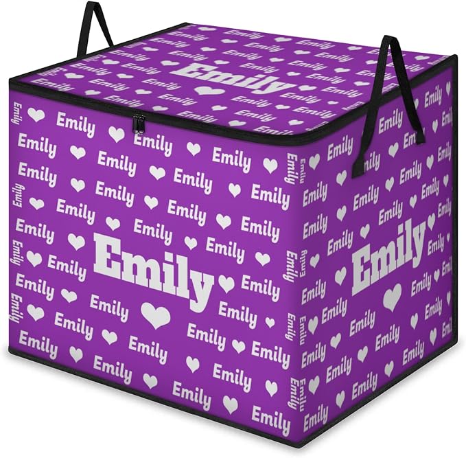 Custom Name Storage Bin with Lid, Personalized Extra Large Dark Voilet Purple Background Love Hearts Storage Basket with Handles Zippers Organizing Comforters, Blankets, Bedding Closet Shelf Baskets
