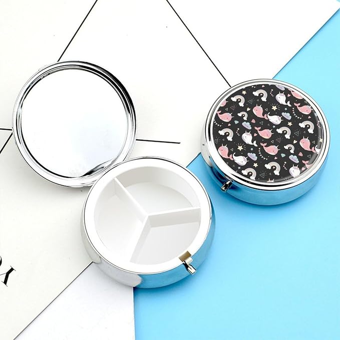 Portable Medicine Box, Narwhals Round Pill Organizer, Compact Case for Fish Oil, Travel Pill Holder Purse Carry for Seniors