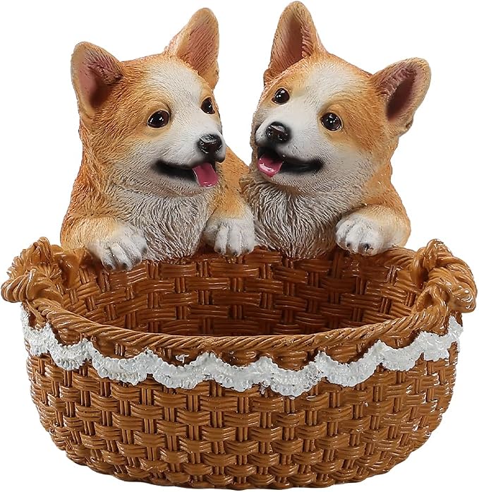 Resin Double Corgi Storage Basket, Decorative Catchall Tray for Keys & Candy, Desk Organizer Bowl for Home Office, Room Decor Accessories
