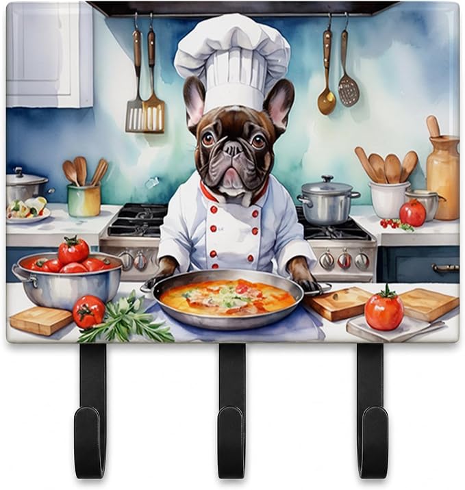 Caroline's Treasures French Bulldog The Chef Leash or Key Holder Wall Hooks, Key Hooks Holder, Coat Rack Wall Mount, Coat Hooks, Hooks for Hanging Keys, Towels, Aprons, Leashes | French Bulldog The Chef artwork on ceramic tile with three steel hooks fo...