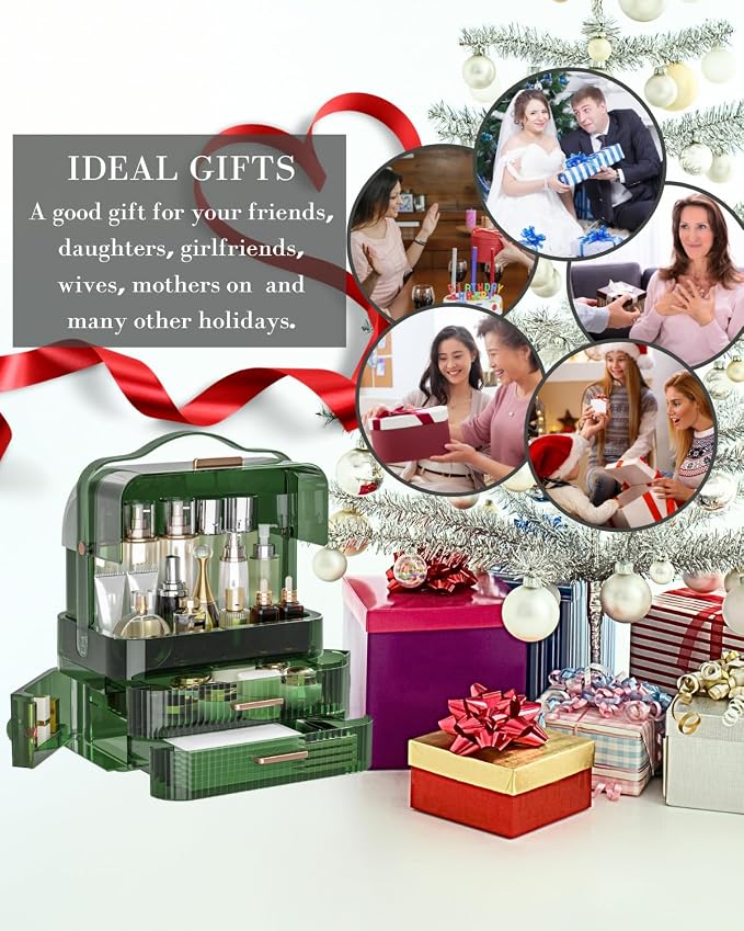 LINFIDITE Cosmetics Storage Box Transparent Lid Large Makeup Organizer Box Drawers Portable Handle Waterproof Dustproof Skincare Display Cases for Countertop, Bathroom, Dresser,Gift Clear Green