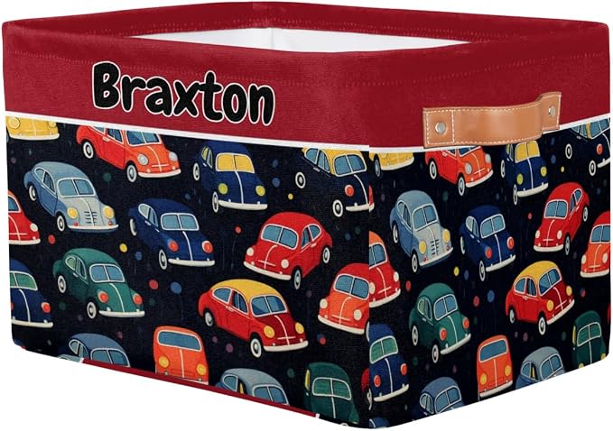Personalized Foldable Storage Basket with Name, Laundry Hamper Dirty Clothes Pet Toys Storage Bin with Handles for Shelf Home Closet Kitchen, Colorful Car Pattern