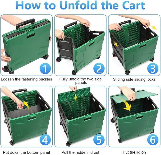 Foldable Shopping Utility Cart Portable Rolling Crate Handcart with 360°Rotate Wheel,Hidden Lid,Telescoping Handle Collapsible for Travel Shopping Moving Storage Office Use(DarkGreen)