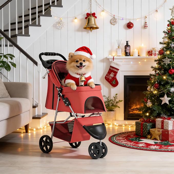 MoNiBloom Pet Stroller for Small/Medium Dogs and Cats up to 33 lbs, Red | Foldable Dog Stroller 3 Wheels Pet Strolling Cart w/ Storage Basket Cup Holder, Breathable and Visible Mesh for All-Season