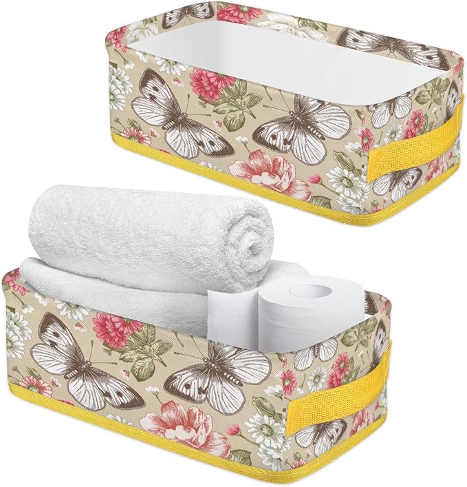Flowering Butterfly Plants Bathroom Storage Basket, Foldable with Handle Open Countertop Paper Towel Decorative Box, Toilet Tank Top Shelf Baskets for Home Closet Bedroom Living Room Office