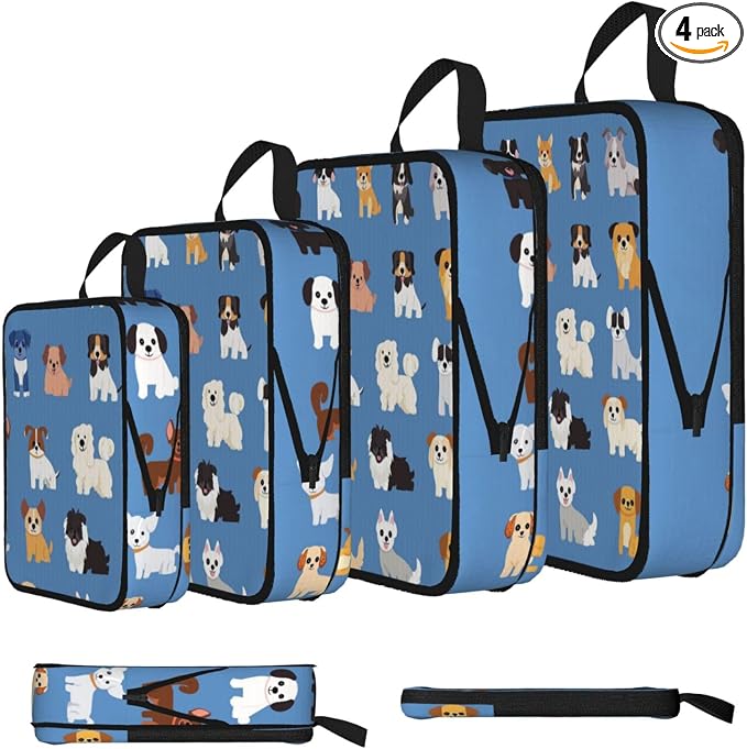 4 Set Compression Packing Cubes for Travel | Dog Various Breeds Cube Storage Organizer For Carry On Expandable Space Saver Packing Bags Travel Essentials